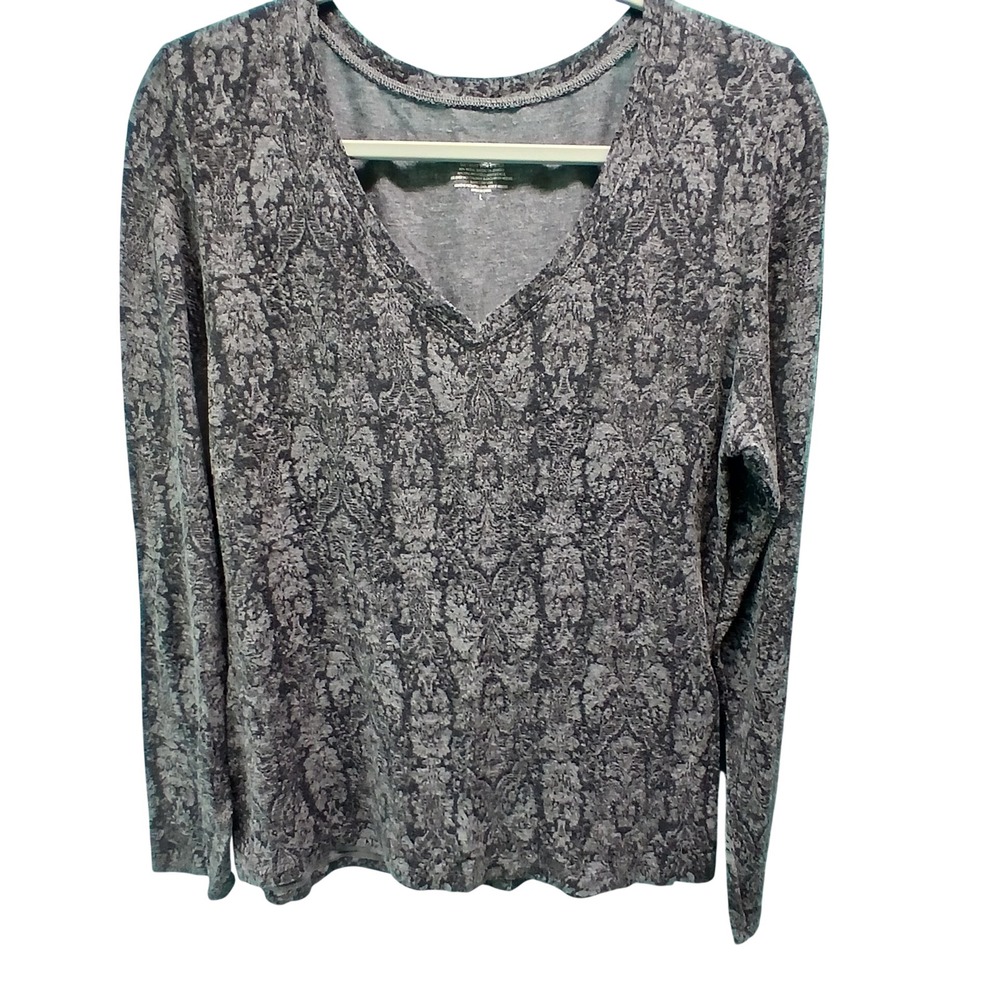 Cuddl Duds V-Neck Top L Grey Damask Paisley Softwear Stretch Long Sleeve Gothic